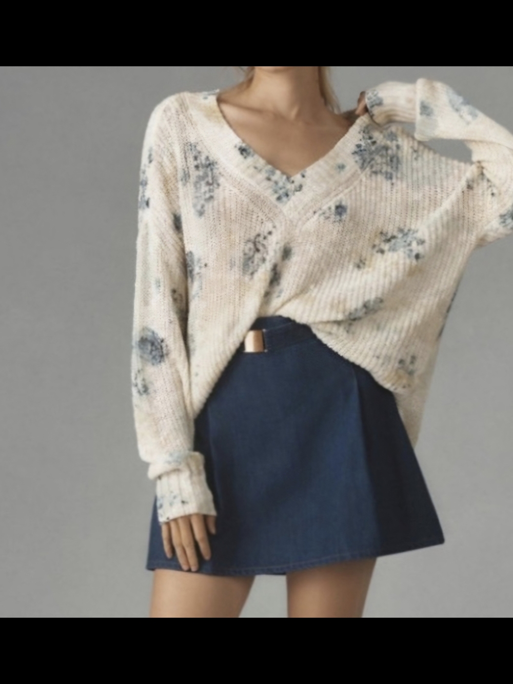 Pilcro Cream V-Neck Sweater with Blue Floral Print